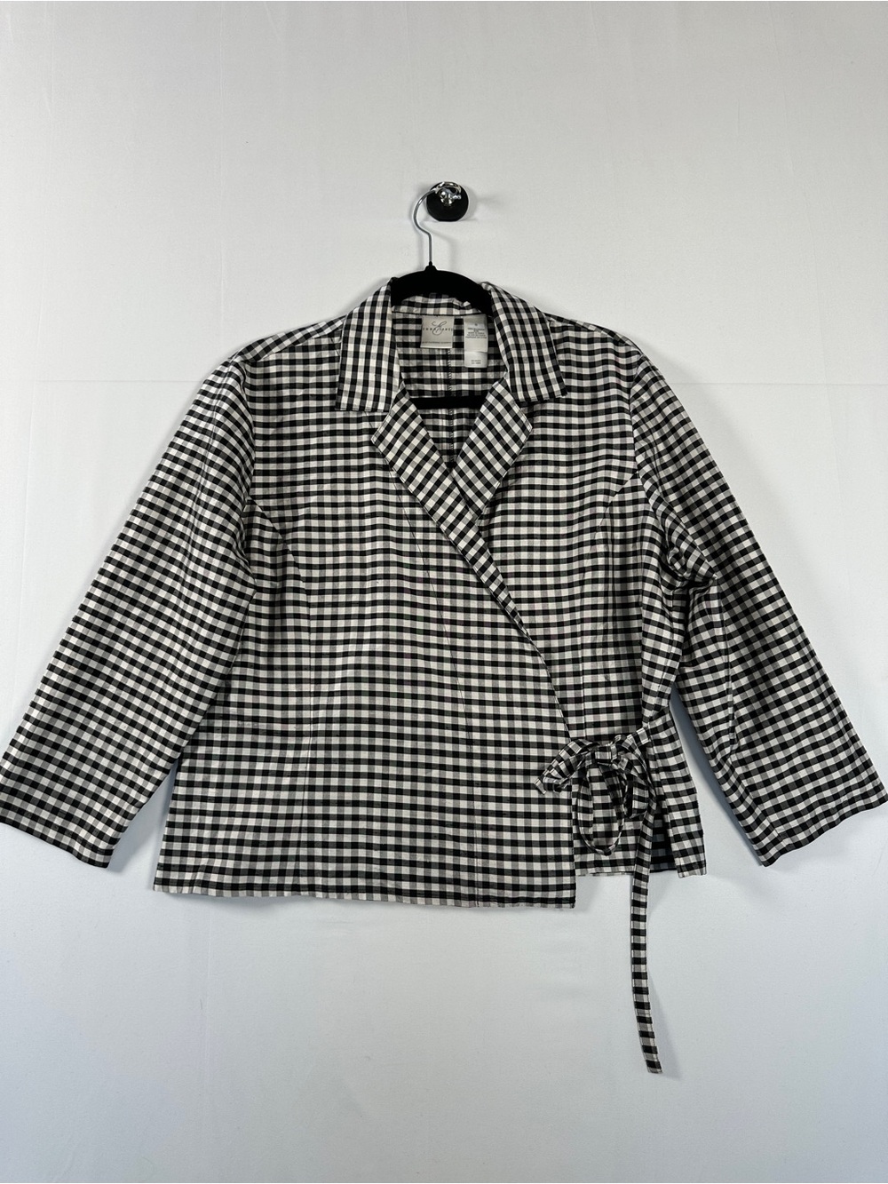 Emma James 100% Silk Gingham Cropped Wrap Jacket Black White Size 8